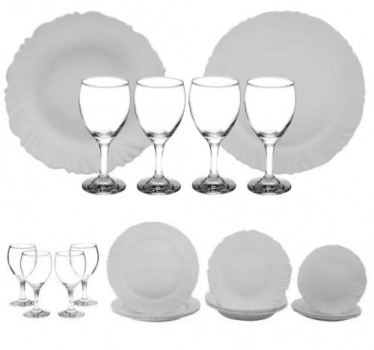 Aparelho de Jantar com Taça 16 Peças Duralex – Redondo Branco Pétala