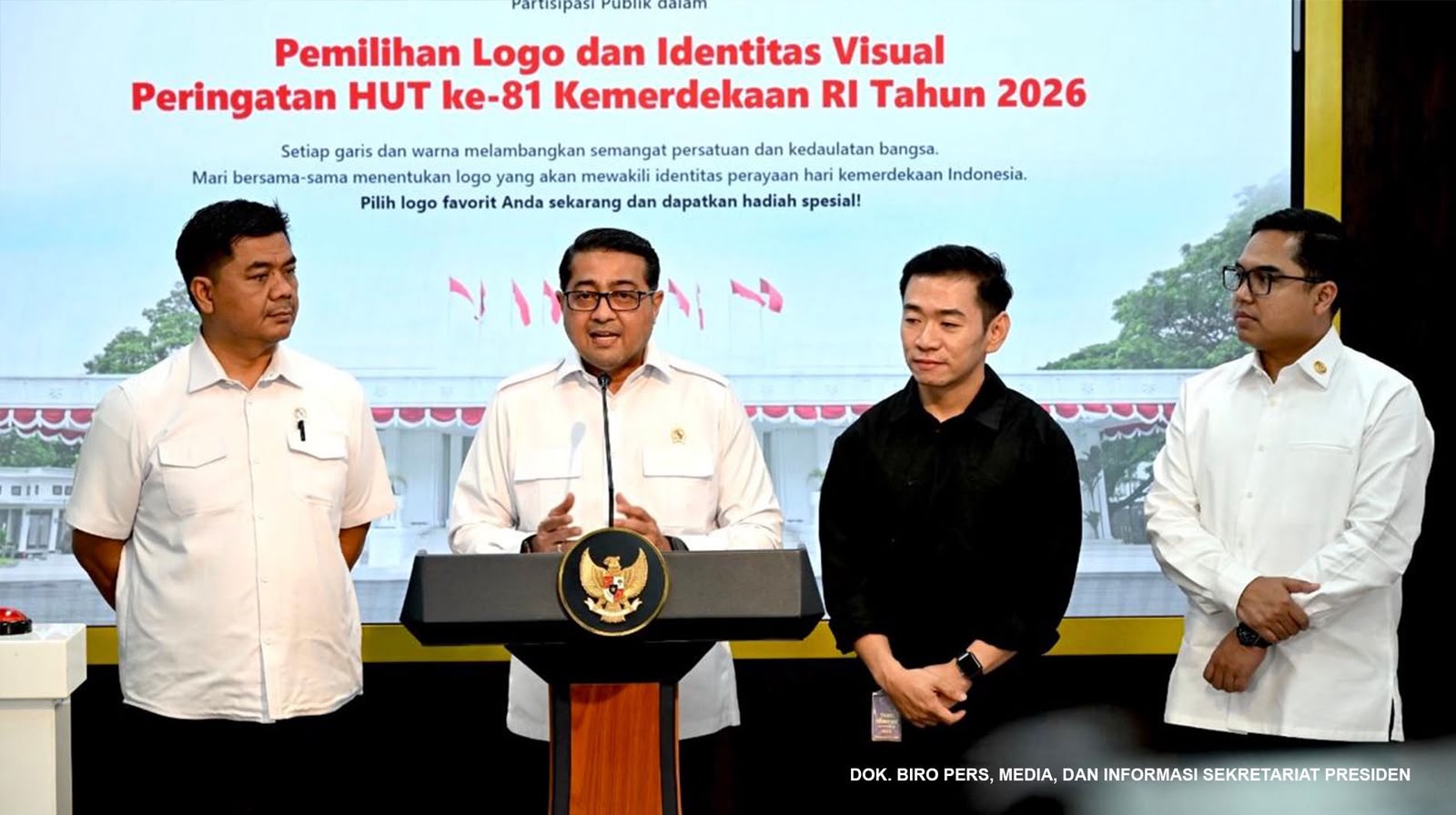Caption: Menteri Ekonomi Kreatif, Teuku Riefky Harsya, mendukung keterlibatan aktif masyarakat untuk memilih logo HUT ke-81 Republik Indonesia, Jakarta, Rabu ( 24/6/2026). Dok: Cahyo - Biro Pers, Media, dan Informasi Sekretariat Presiden.