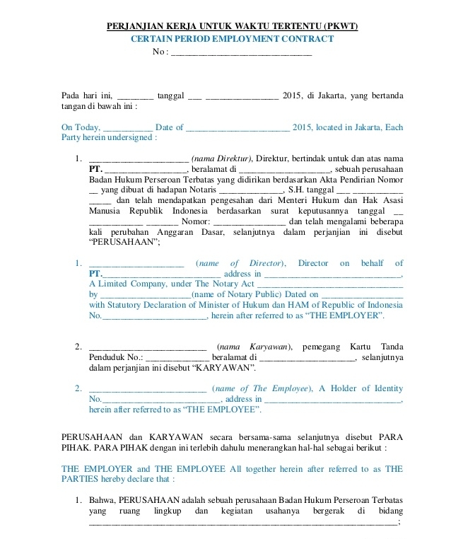 3. Contoh kontrak kerja karyawan bilingual