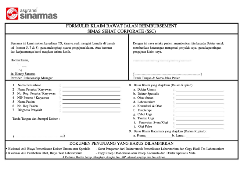 Formulir klaim reimbursement Asuransi Sinar Mas