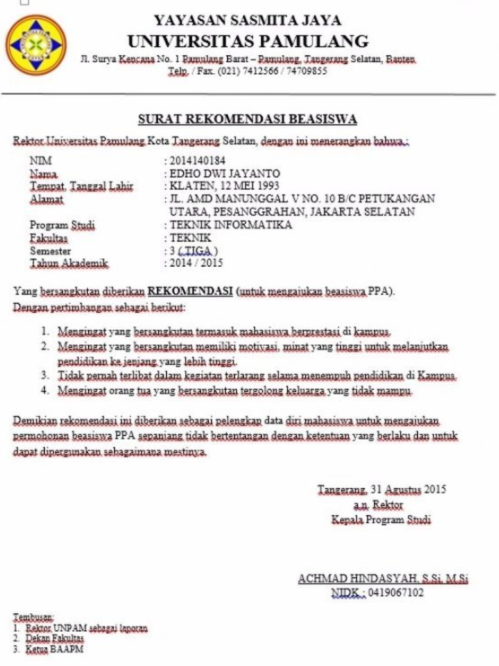 Surat rekomendasi bahasa Indonesia