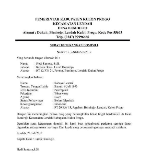 Contoh format surat keterangan domisili perorangan