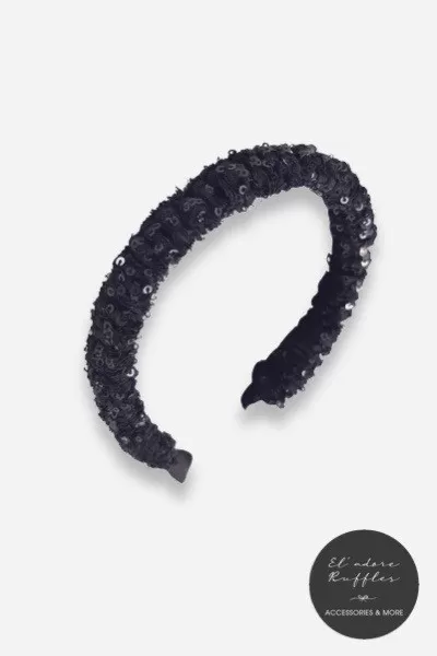 NARROW SCRUNCHIE HEADBAND - BLACK WITH SEQUINS