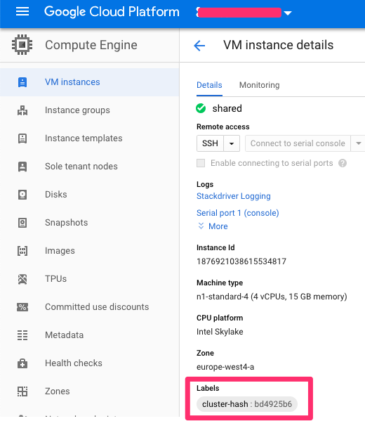 VM instance label cluster-hash