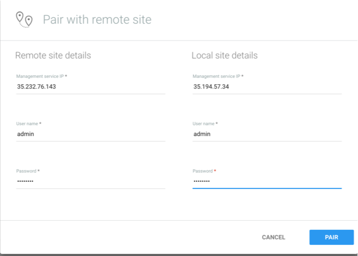 pair with remote site add information: site IP, user, password