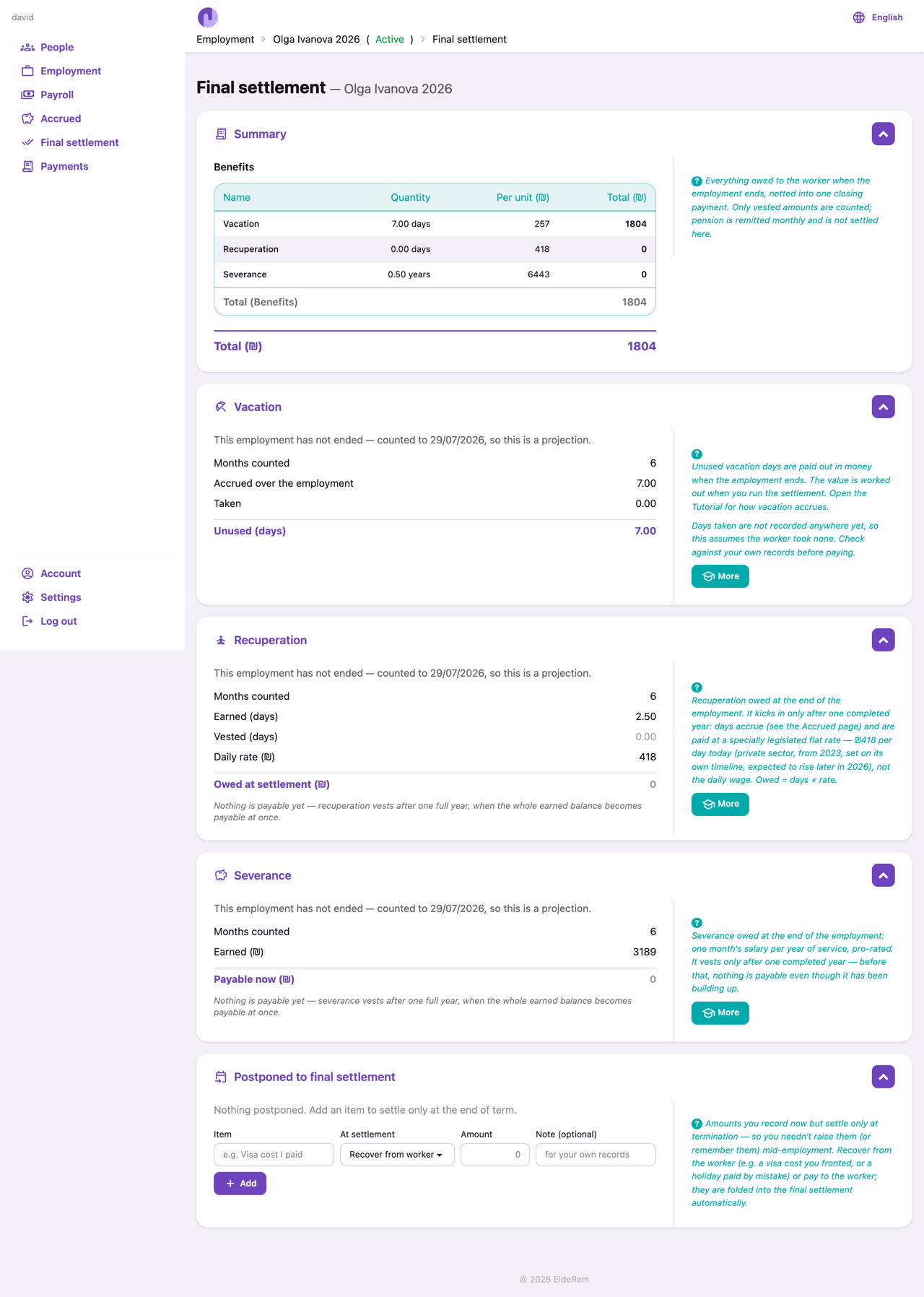 The Final settlement page — the Summary (benefits + adjustments), the shared Pay card, and each benefit.