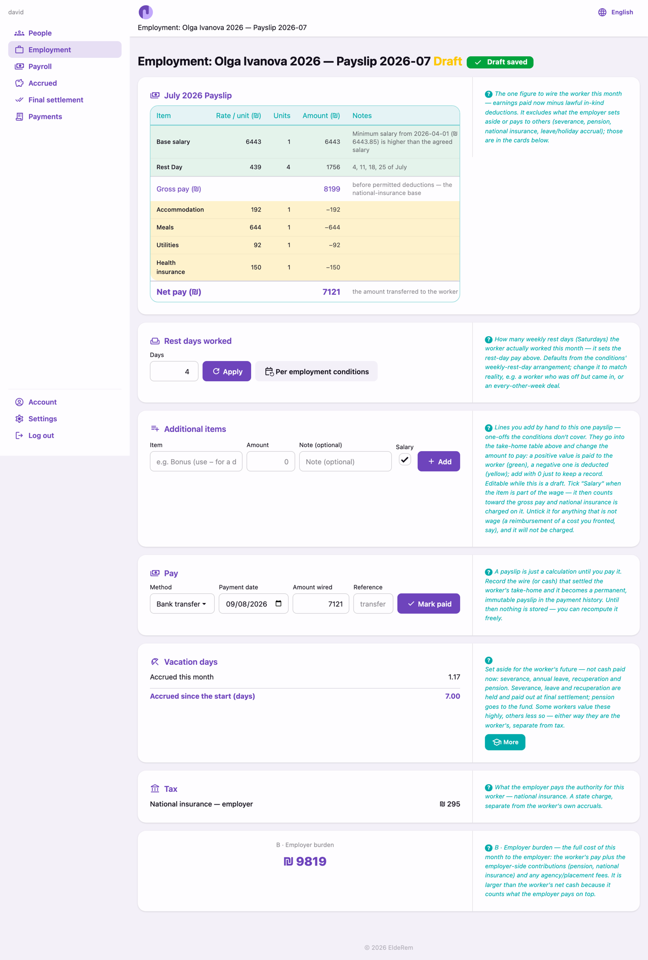 A draft payslip: every line with its basis, plus rest days and additional items.