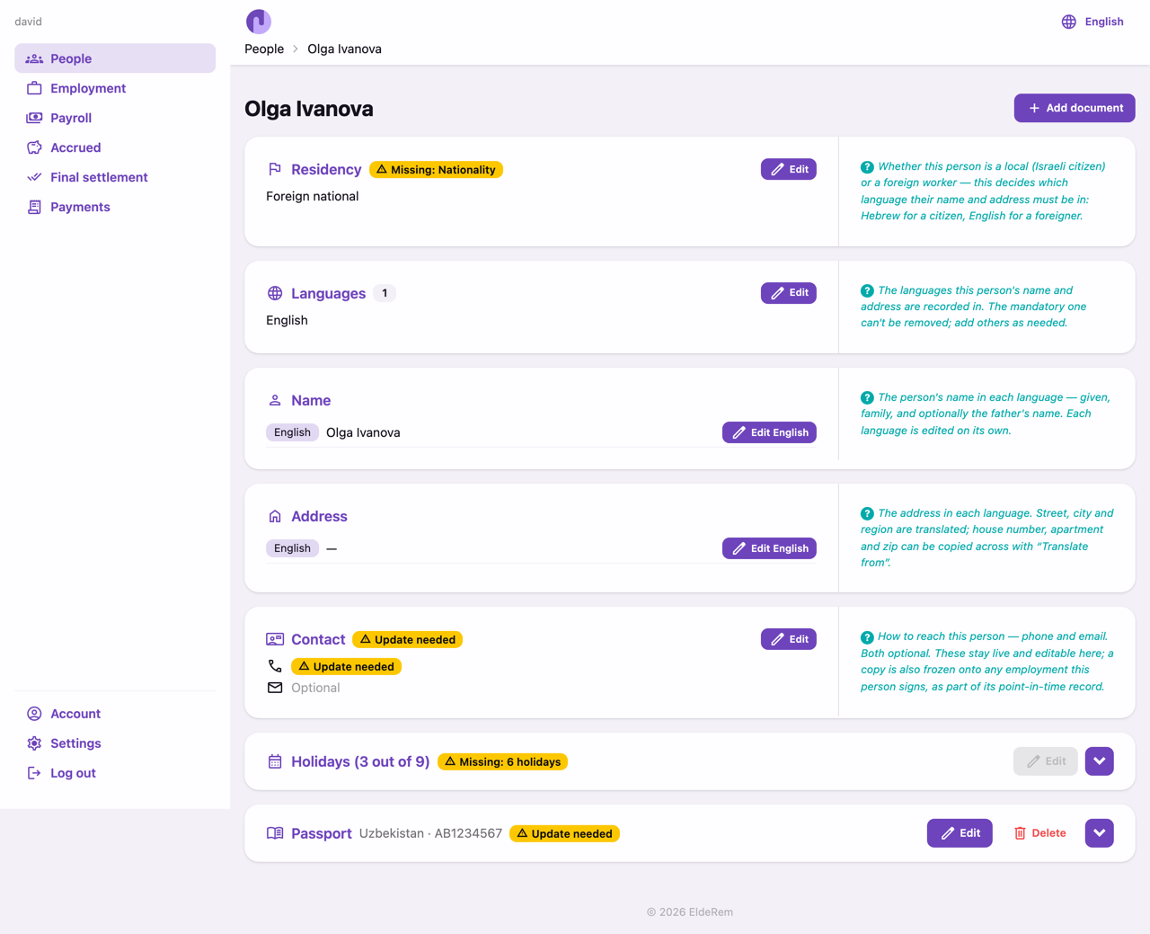 A person's page: one editable card per section, with status badges.