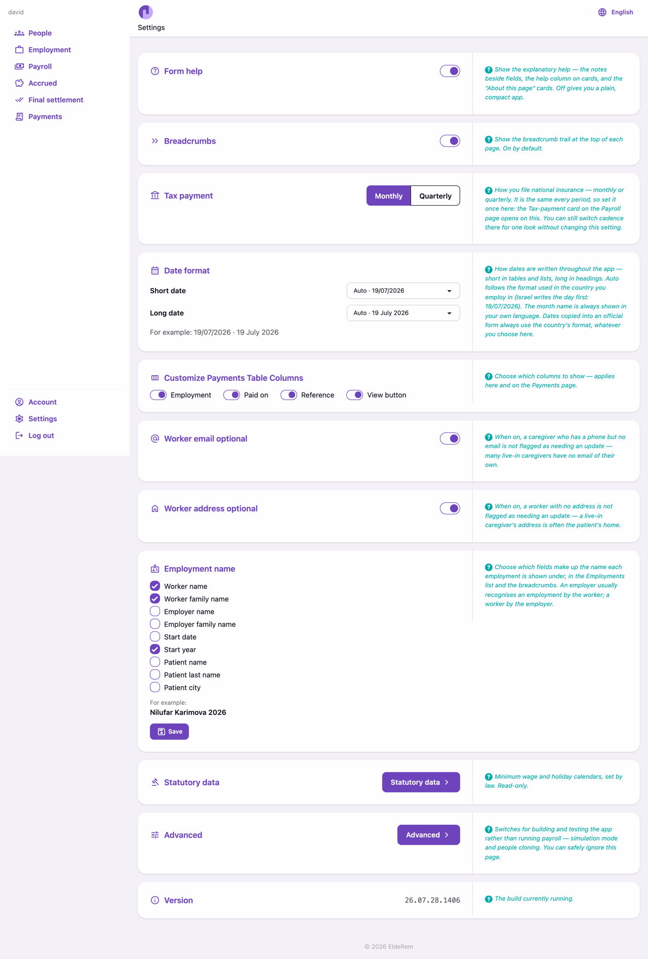 Settings — language, date format, help, and more.