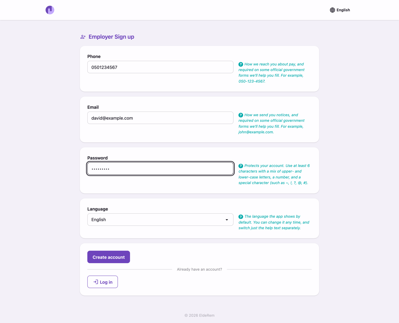 Employer signup form