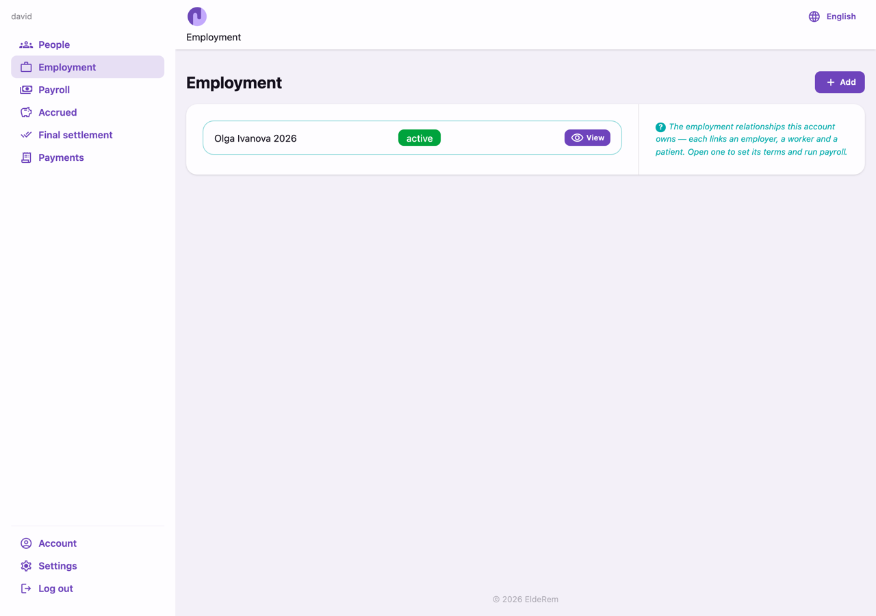 The workspace: the sidebar on the left is your main menu; your employments are listed here.