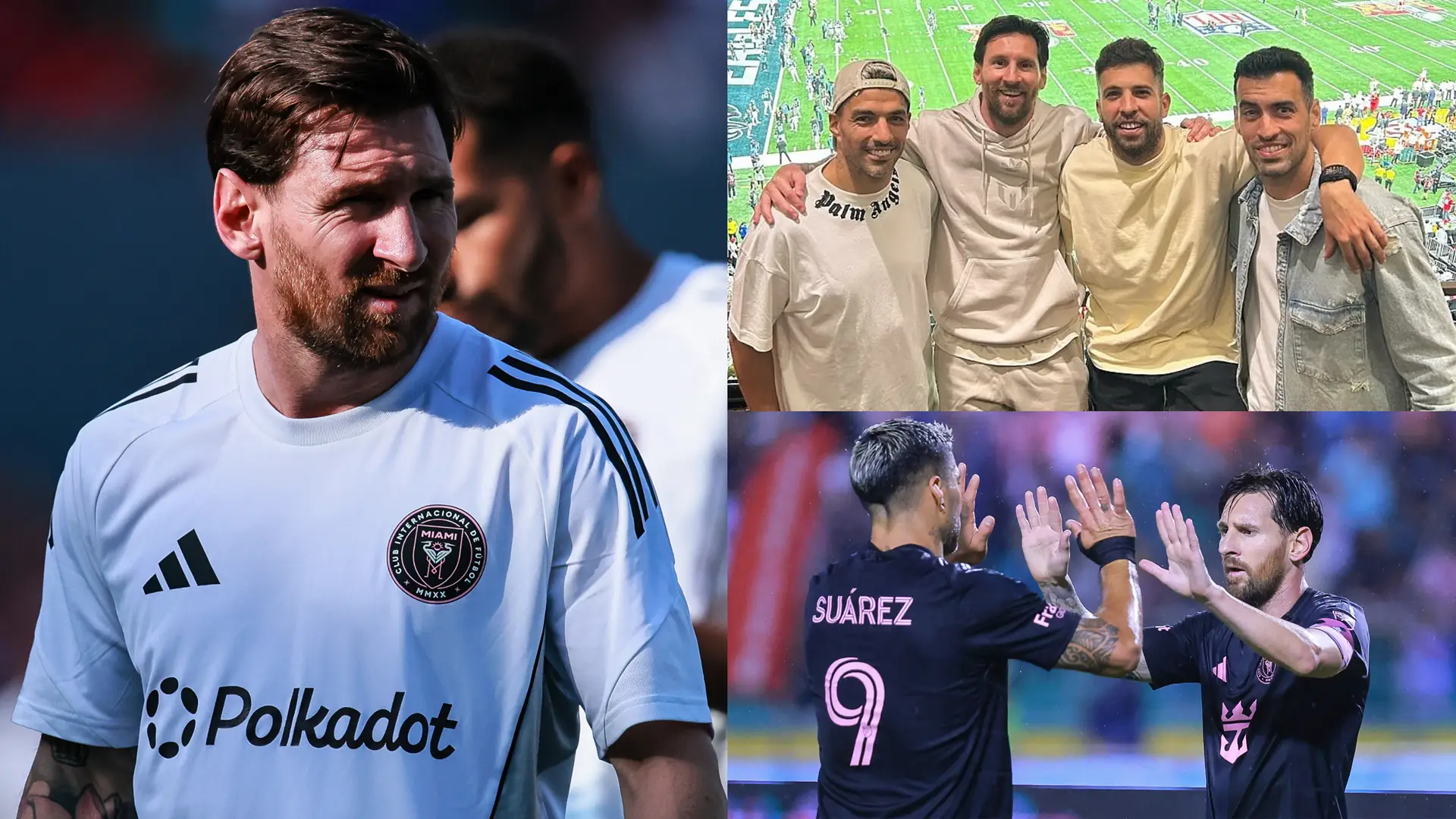 Boys night out! Lionel Messi joined at Super Bowl by fellow Barcelona legends as Inter Miami stars Luis Suarez, Sergio Busquets & Jordi Alba swap MLS for NFL
