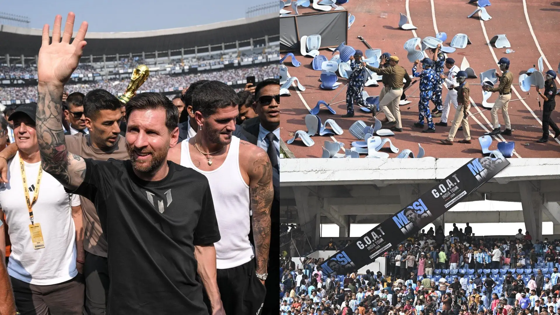 VIDEO: Lionel Messi's India tour descends into chaos as angry fans hurl seats & event organiser is DETAINED after Argentine superstar's Kolkata appearance is 'cut short'