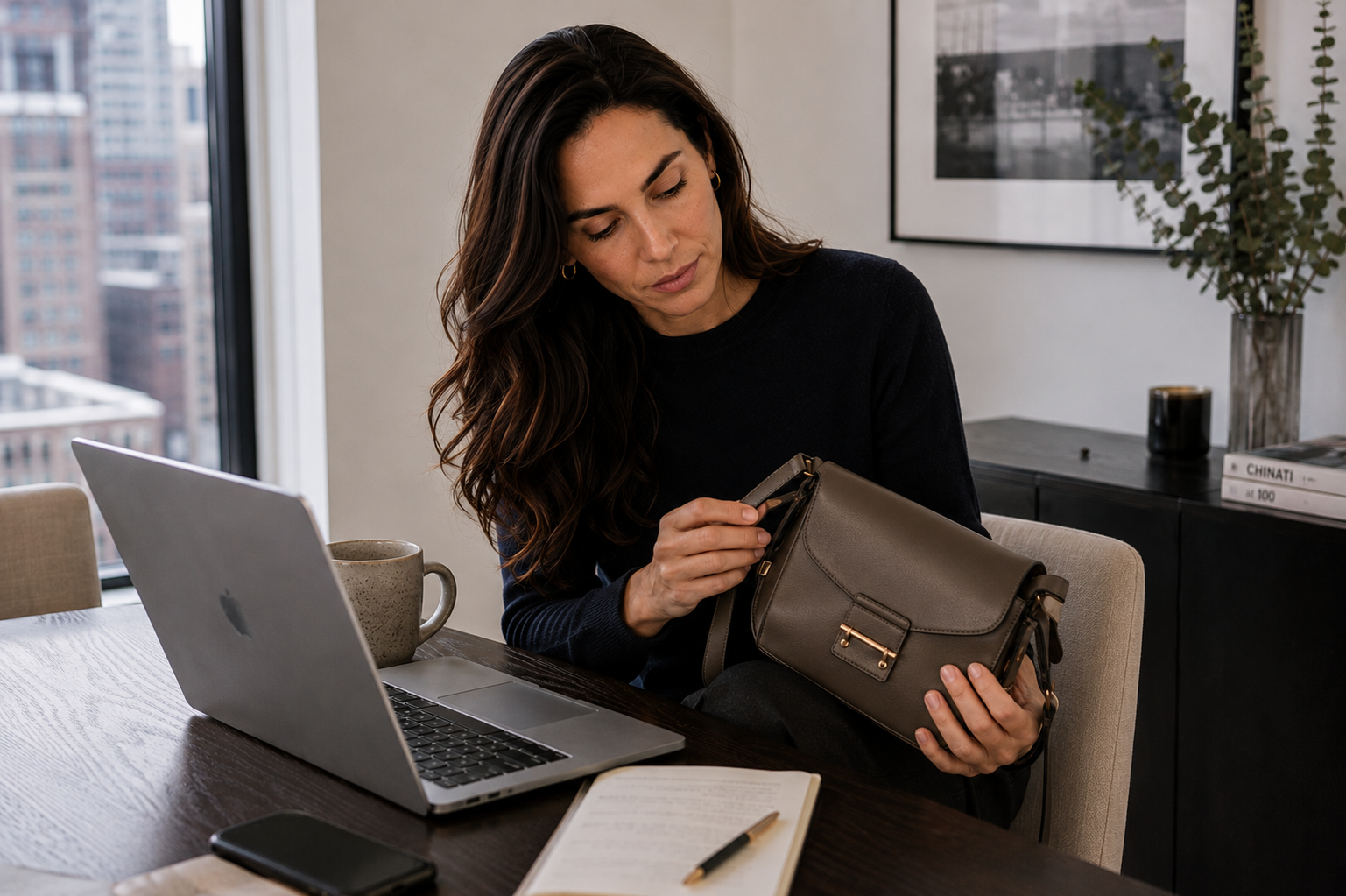 Eliza Montgomery considering a shoulder bag at her New York desk