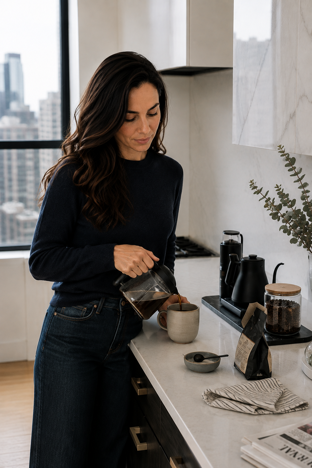 Eliza making coffee in her kitchen