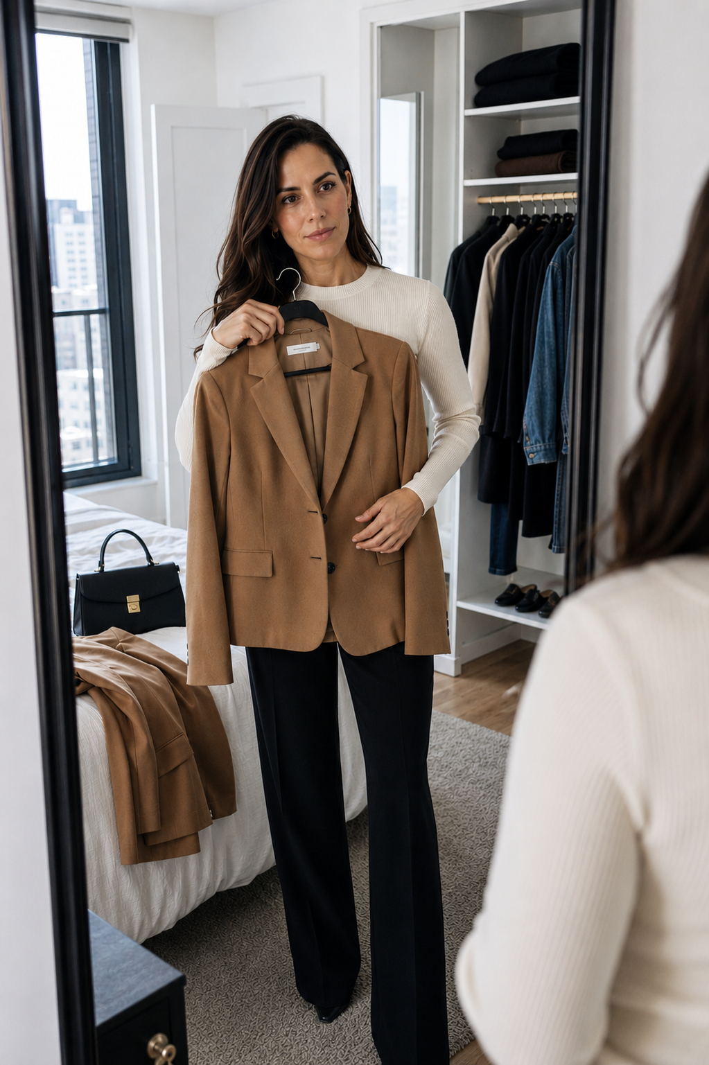 Eliza choosing a tailored jacket