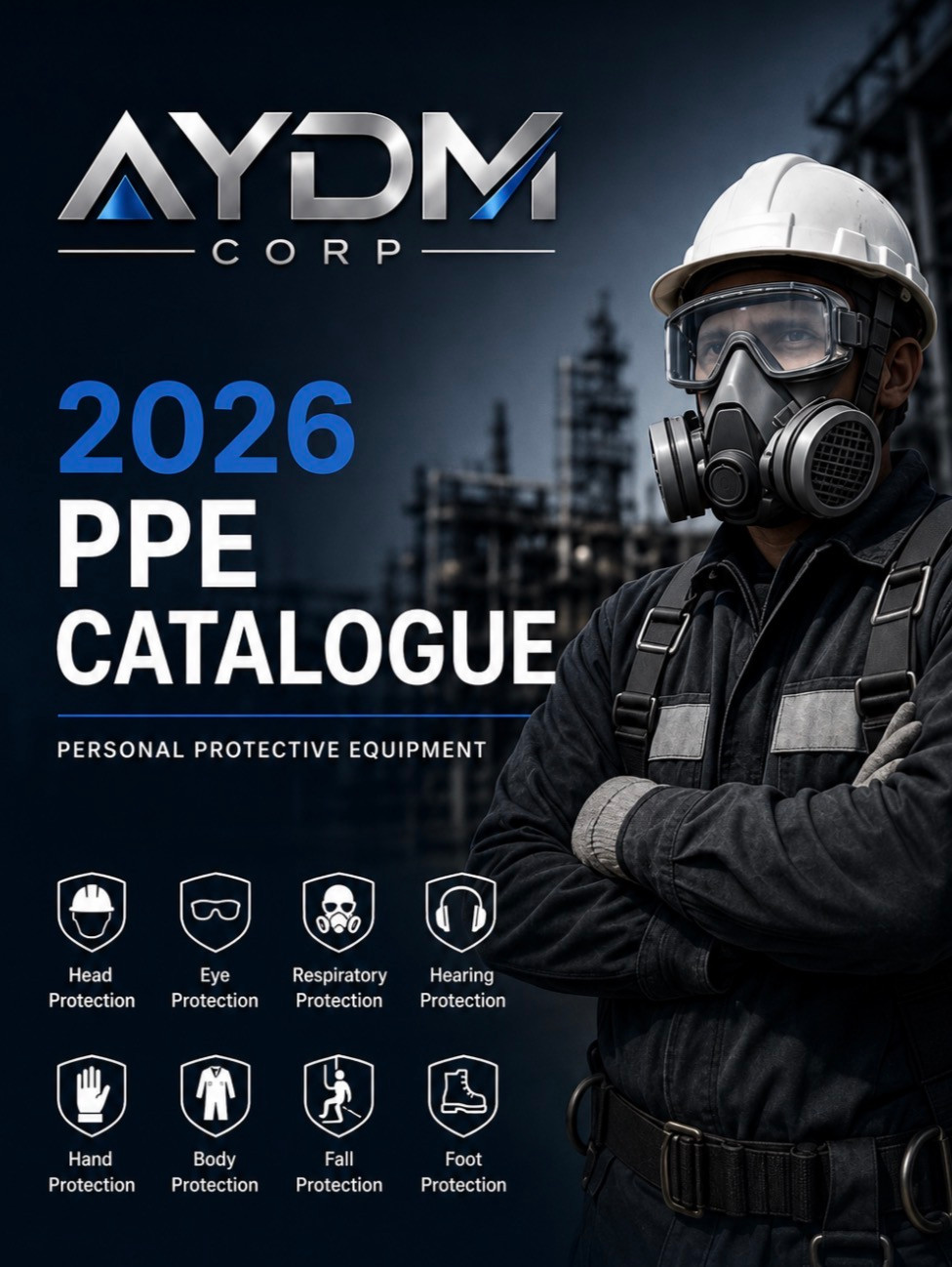 Promotional cover for the AYDM Corp 2026 PPE Catalogue, showing a worker in safety gear, illustrating our PPE sourcing services.