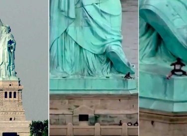 Mujer escala estatua de la Libertad en protesta por política migratoria de Trump