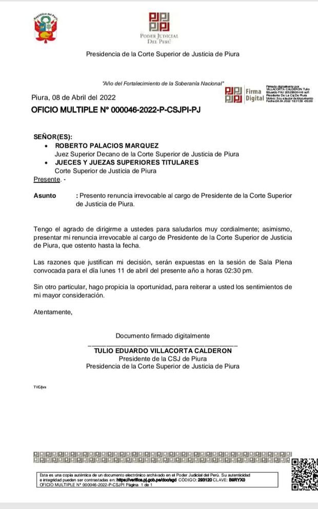 renuncia presidente Corte Superior de Piura