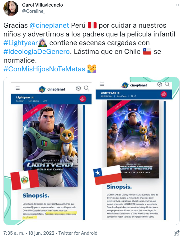 Critican a Cineplanet Perú por advertir "ideología de género" en la película de Buzz Lightyear - El Tiempo