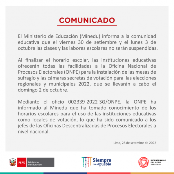 ¡Atención! ¿Mañana viernes 30 de septiembre y el 3 de octubre hay clases en Perú por elecciones 2022?
