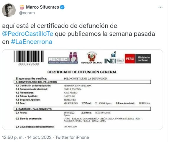 Sinadef: ¿Por qué Pedro Castillo aparece como "decapitado", según certificado de defunción del Minsa?