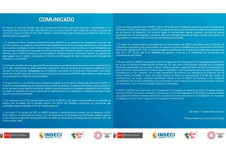 Comunicado de Indeci/foto: Twitter