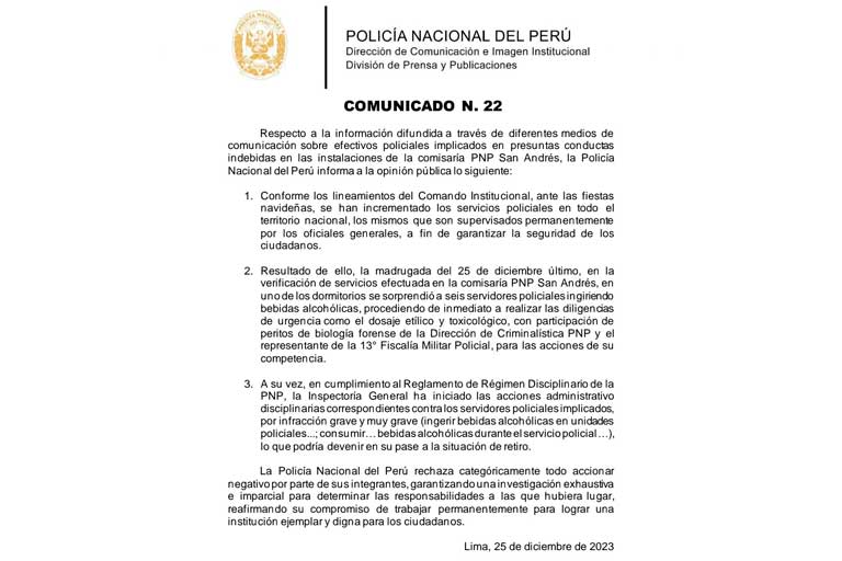 Comunicado de la PNP/ Foto: Twitter