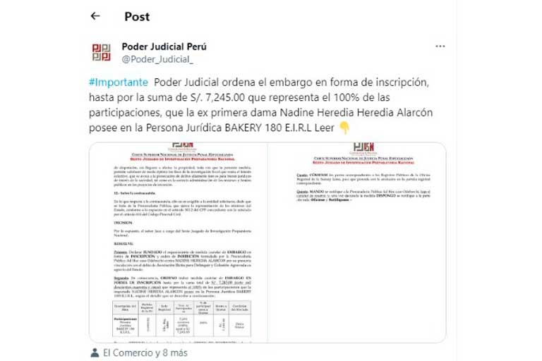 Poder Judicial anuncia embargo de propiedades relacionadas a Nadine Heredia/foto: captura Twitter
