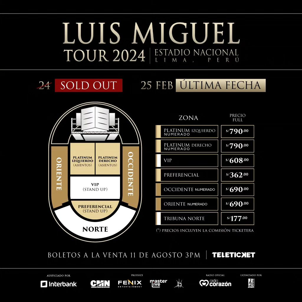 Entradas para Luis Miguel, segunda fecha 2024 en Lima, vía Teleticket