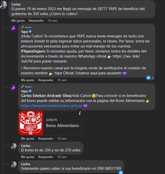bono yape 350 soles mensaje de texto