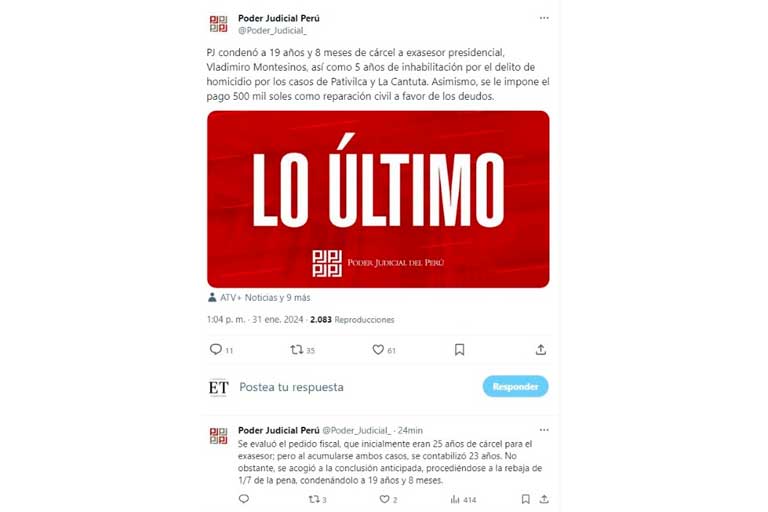 Poder Judicial confirma sentencia por caso Pativilca/foto: Twitter