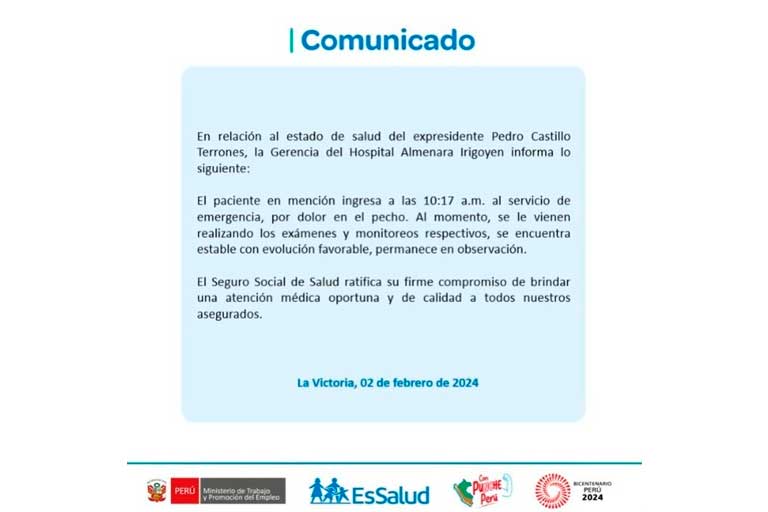 Comunicado sobre la salud de Pedro Castillo/foto: difusión