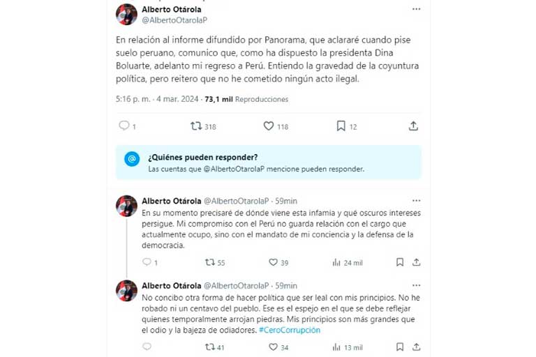 Pronunciamiento de Alberto Otárola/foto: Captura Twitter