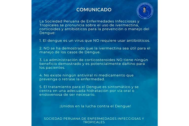 Comunicado del SPEIT ante el uso de la Ivermectina para tratar el dengue/foto: Facebook