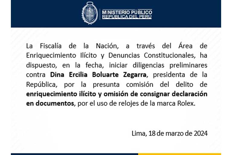 Ministerio Público inicia investigación contra la presidenta/foto: Twitter