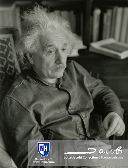 "Albert Einstein in a leather jacket, Princeton, N.J., 1938"