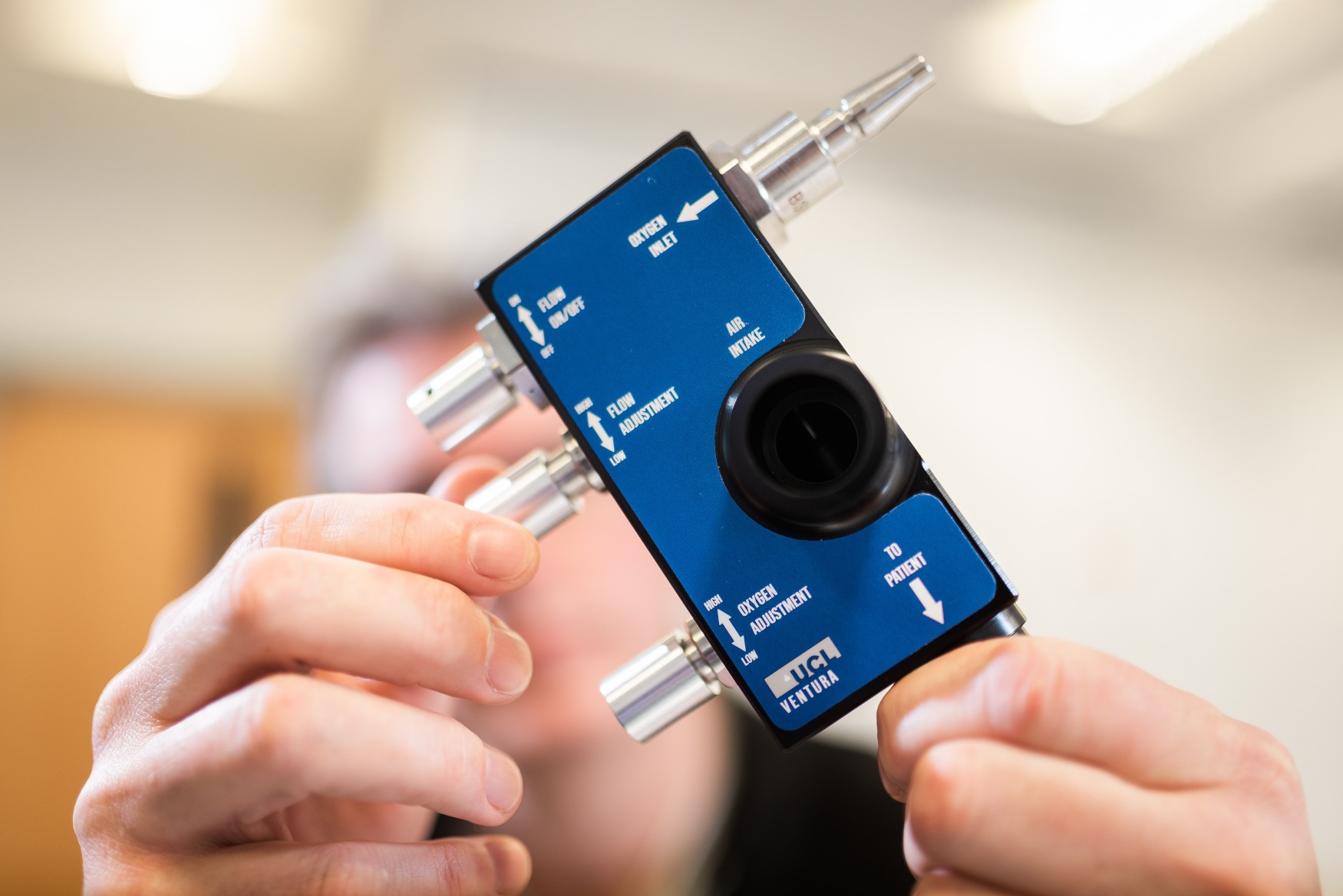 CPAP Breathing aid by UCL. By James Tye/UCL Breathing aid device for COVID-19 patients by UCL. By James Tye/UCL