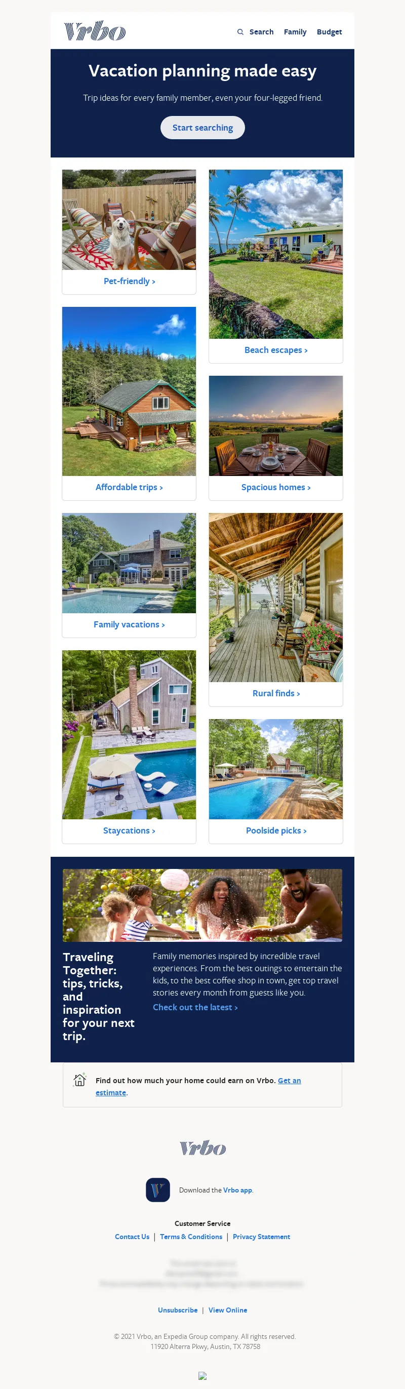 Email screenshot from Vrbo - 8 family-sized vacations