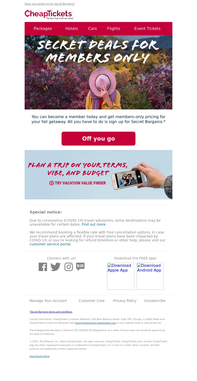 Email screenshot from Cheaptickets - Sign-in and get bigger deals