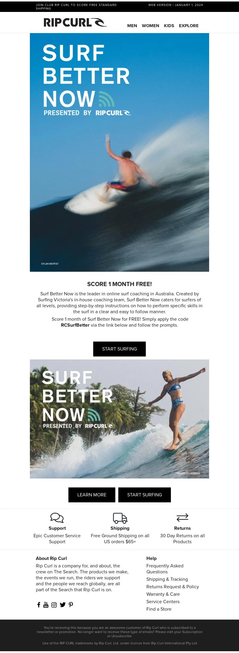 Email screenshot from Rip Curl - Surf Better Now