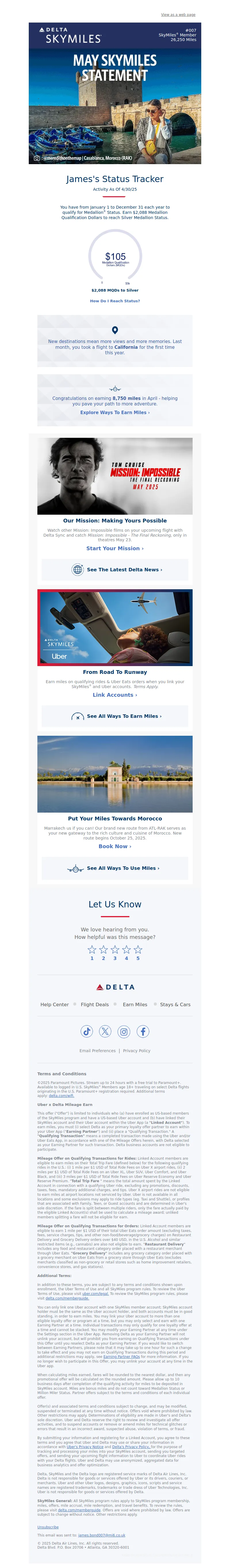 Email screenshot from Delta Air Lines - Mr. Bond, Your May SkyMiles Statement Is Here