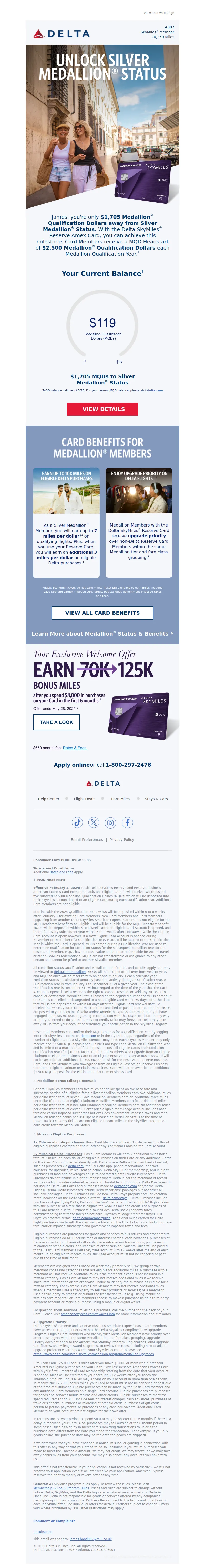 Email screenshot from Delta Air Lines - Mr. Bond, Reach Silver Medallion® Status with the Delta SkyMiles® Reserve Amex Card