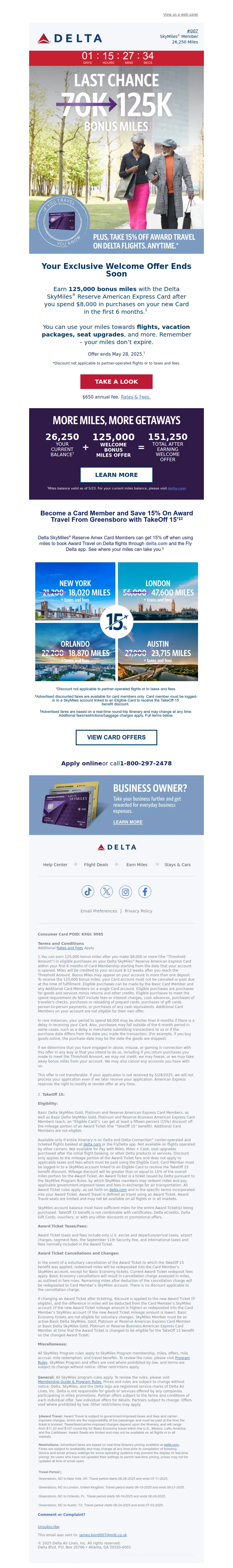 Email screenshot from Delta Air Lines - Last Chance: Earn 125K Bonus Miles