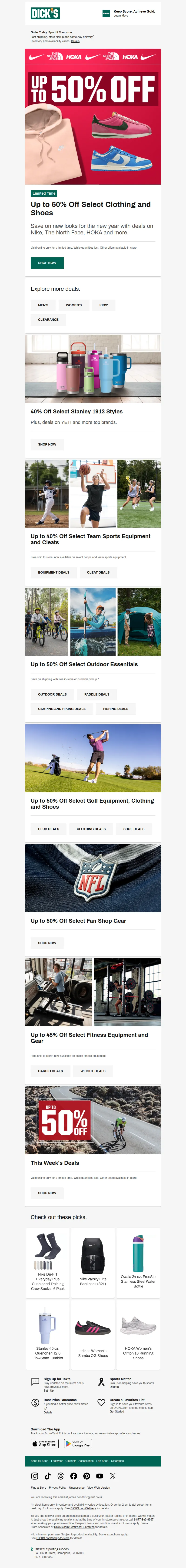Email screenshot from Dick's Sporting Goods - Here's up to 50% off select Nike, The North Face, HOKA & more! (Treat yourself to something great...)