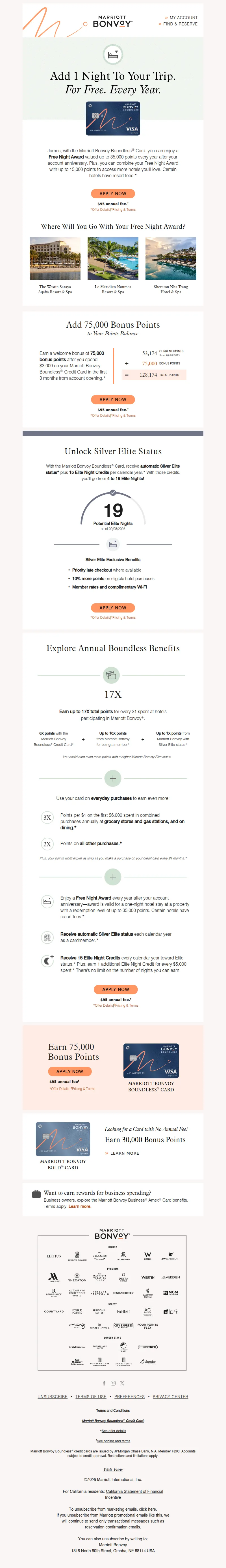 Email screenshot from Marriott Bonvoy - Extend Your Trip With a Free Night Award Every Year ☀️