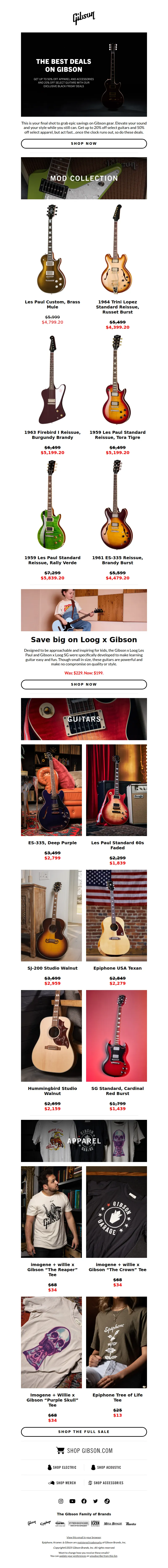 Email screenshot from Gibson - Last chance to get 20% off select guitars