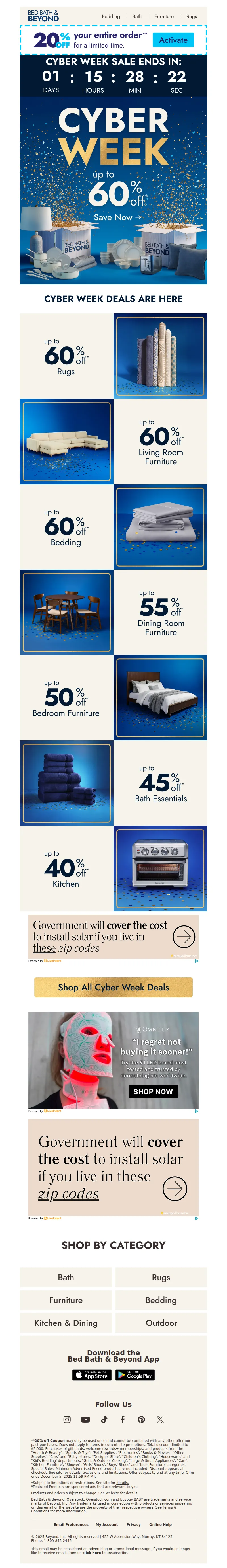 Email screenshot from Bed Bath & Beyond Cyber Week - ⚡ Cyber Week is on—up to 60% off home favorites