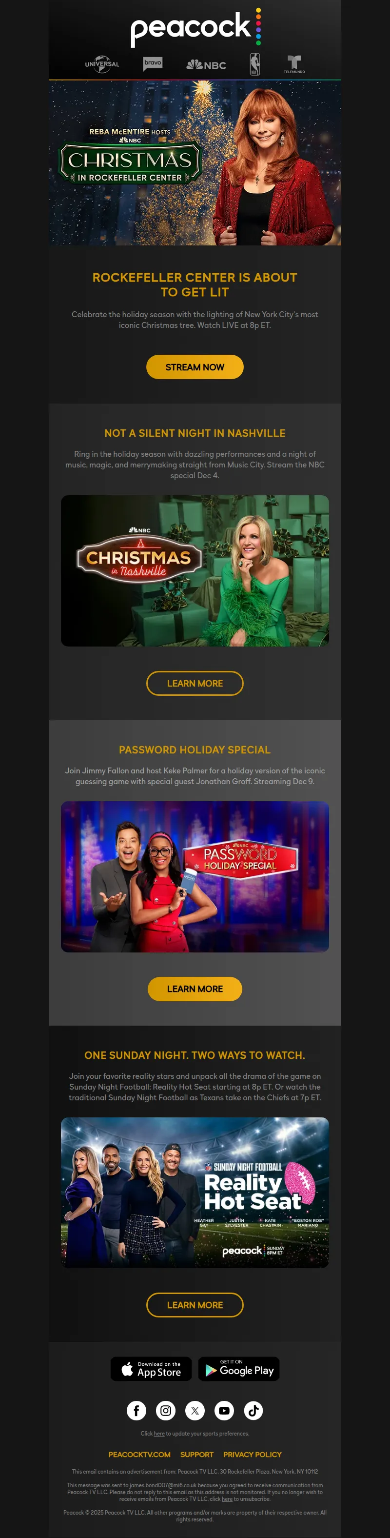 Email screenshot from Peacock - Rockefeller Center Lights Up 💡