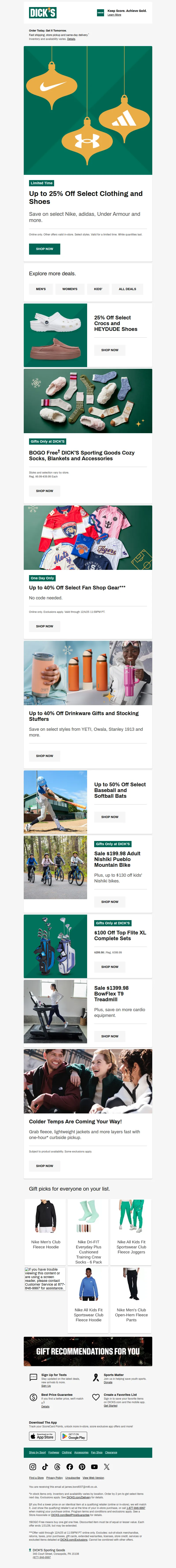 Email screenshot from Dick's Sporting Goods - Don't scroll past this... Up to 25% off select clothing & shoes is this way 👉